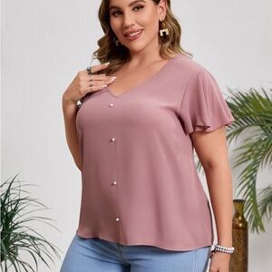 SHEIN Mauve V-Neck Button-Front Flutter Sleeve Blouse